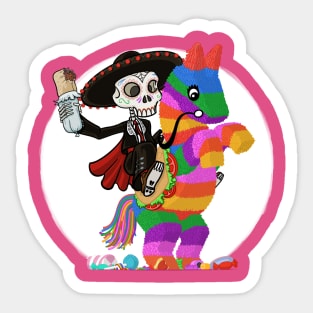 Day of the Dead Skull Face Matador Riding a Piñata with Burrito Sticker